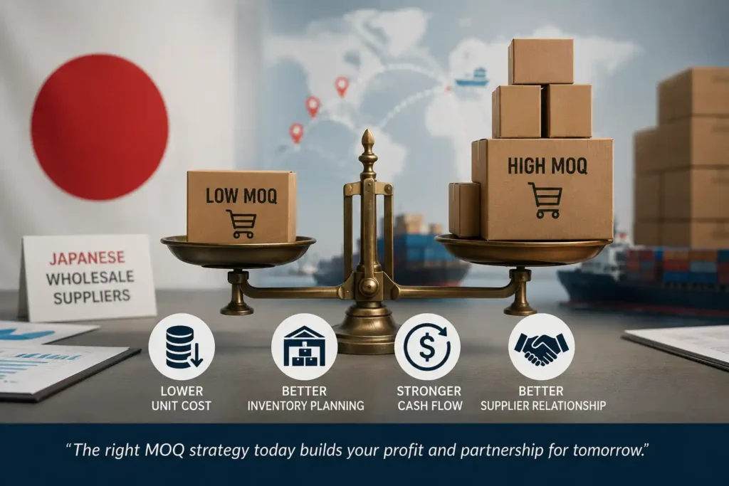 Bronze balance scale comparing Low MOQ and High MOQ boxes, with a 'Japanese Wholesale Suppliers' sign in the background and a world-map scene behind them.