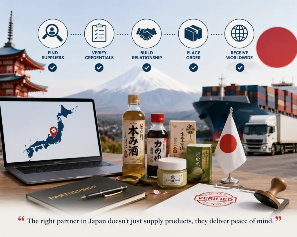 Timeline of sourcing steps over a desk: Find suppliers, Verify credentials, Build relationship, Place order, Receive worldwide, with Japanese products and a cargo ship in the background.
