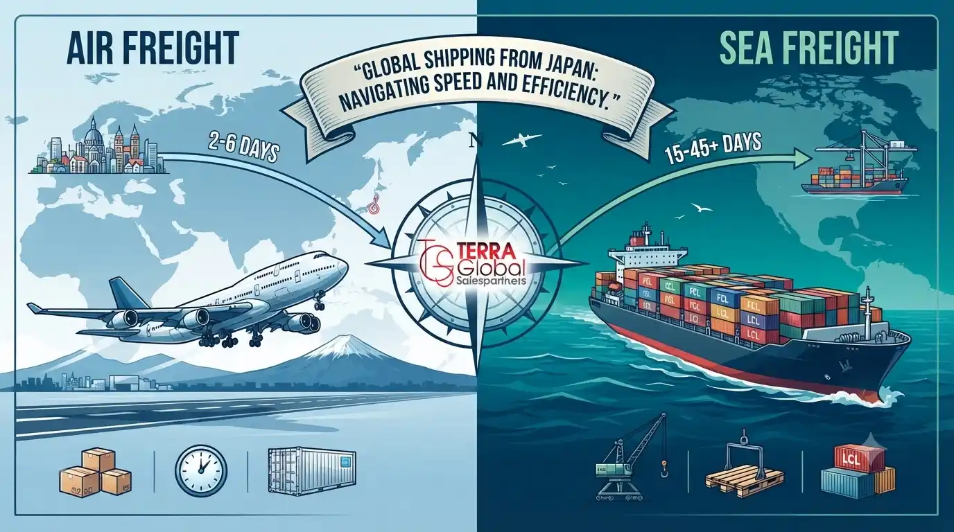 Air freight Japan to USA compared with sea freight: illustration of a cargo plane beside a container ship