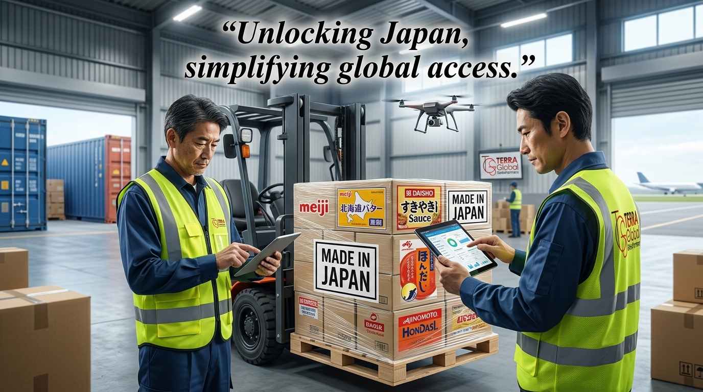 Warehouse staff checking a palletised shipment with a tablet during receiving at a Japanese warehouse