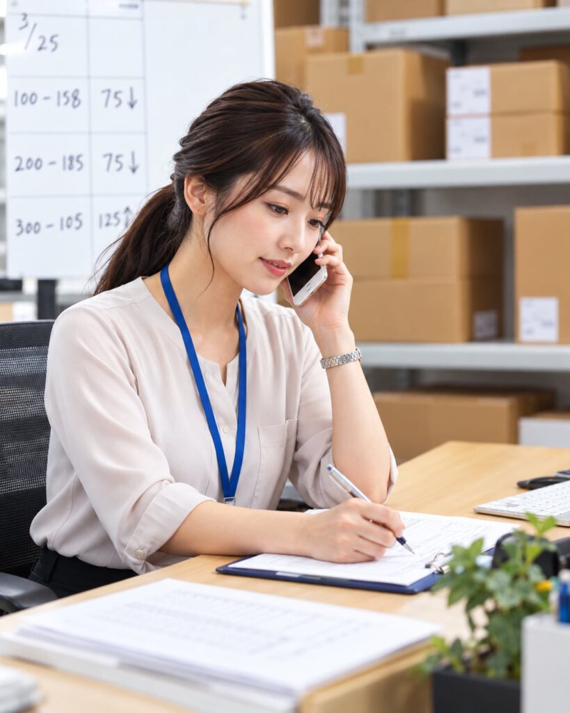 Staff member checking an import invoice by phone before customs clearance in Japan