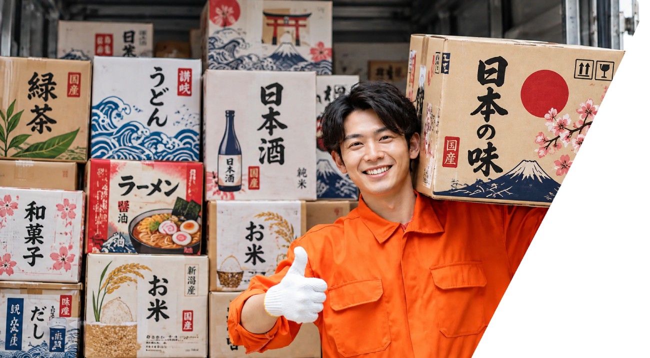 Warehouse team in Japan handling shipping boxes before consolidation for Europe