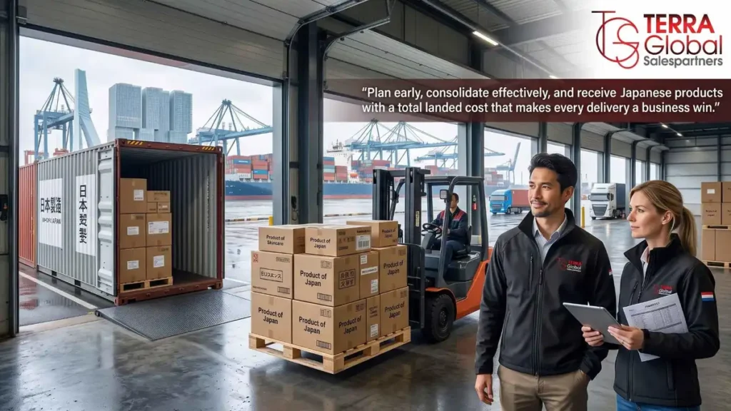 Illustration of a forklift loading cartons labeled Japanese goods for Europe at a port, with the Terra Global logo