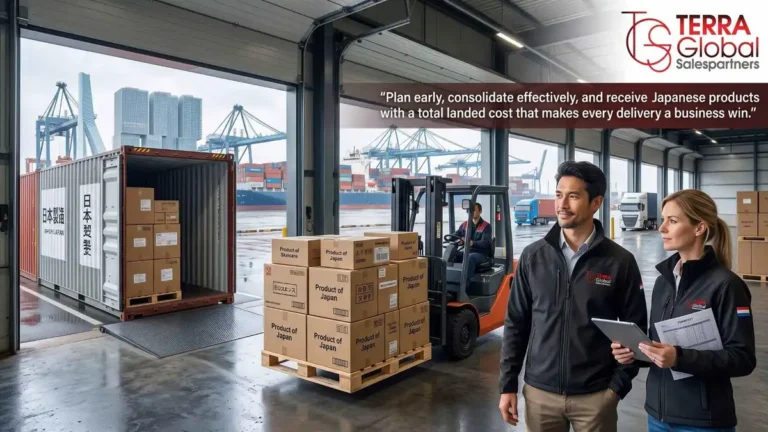 Illustration of a forklift loading cartons labeled Japanese goods for Europe at a port, with the Terra Global logo