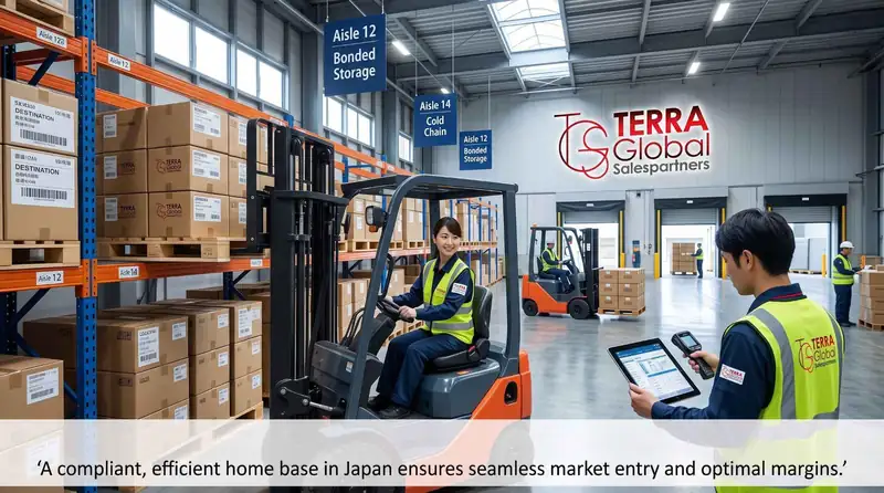 Illustration of a forklift operator and a staff member with a tablet in a bonded storage aisle