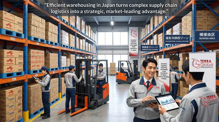 Illustration of warehouse staff scanning inventory with a tablet between racked cartons