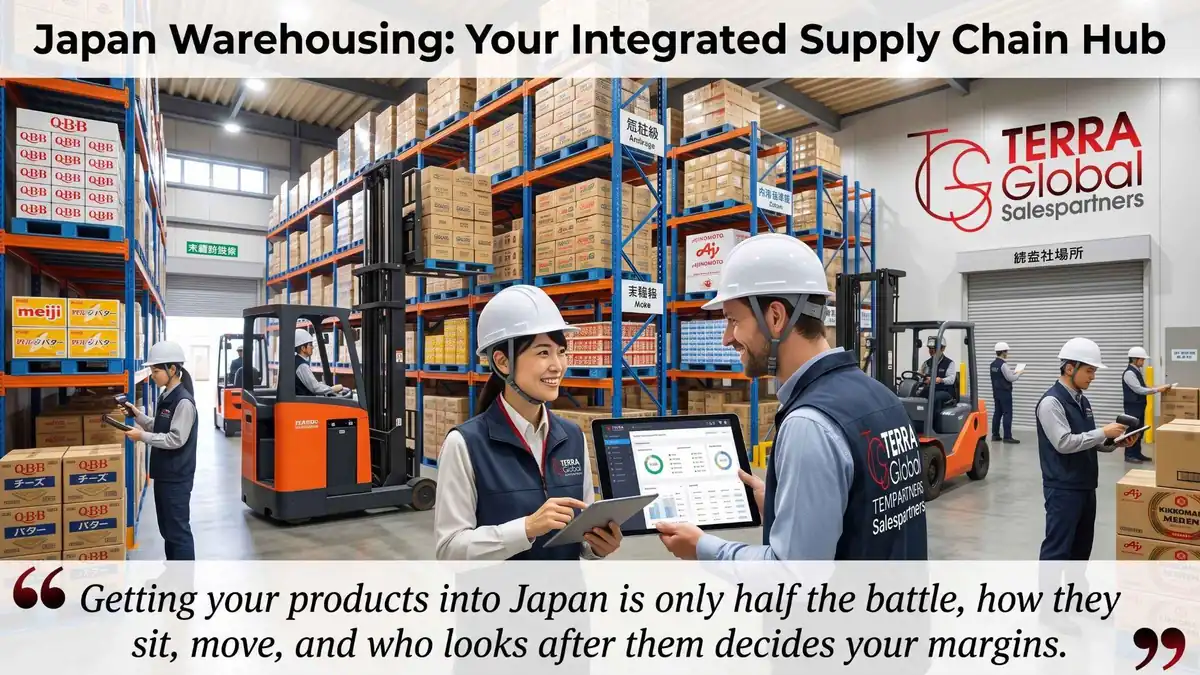 Illustration of warehouse staff checking a tablet beside racked cartons and a forklift, with the Terra Global logo