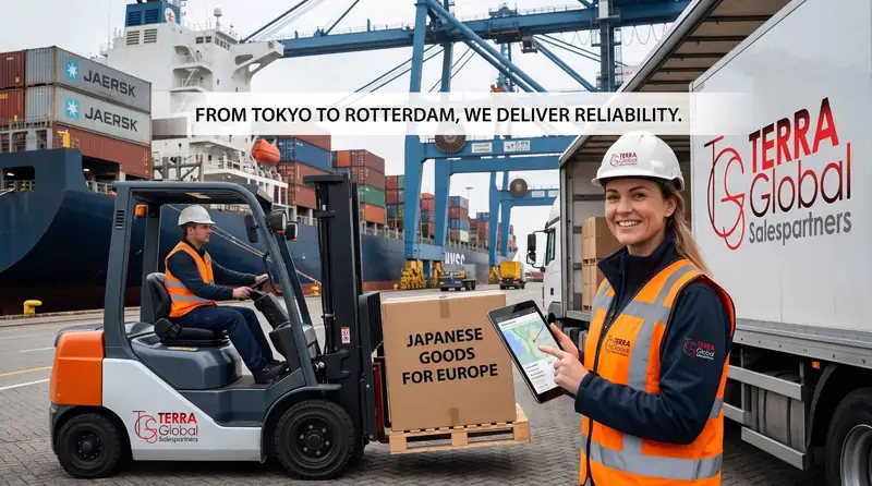 Illustration of staff at a desk with packed cartons and a monitor, with container ships behind