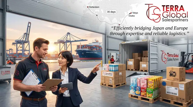 Illustration of two staff checking a delivery of palletized cartons beside an open container