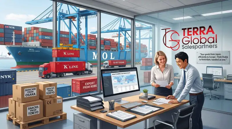 Illustration of two logistics staff reviewing plans with container cranes and a port in the background